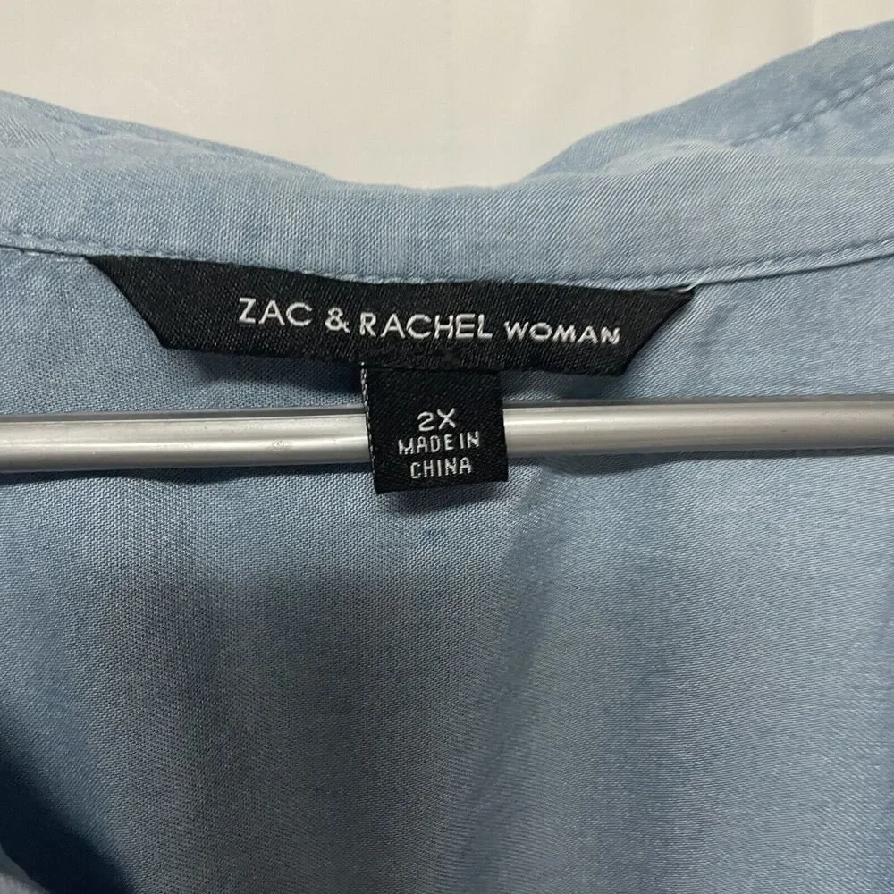 Zac & Rachel Women 2X Chambray Button Up Shirt Blue Tunic Roll Tab Sleeve Top - Picture 6 of 9